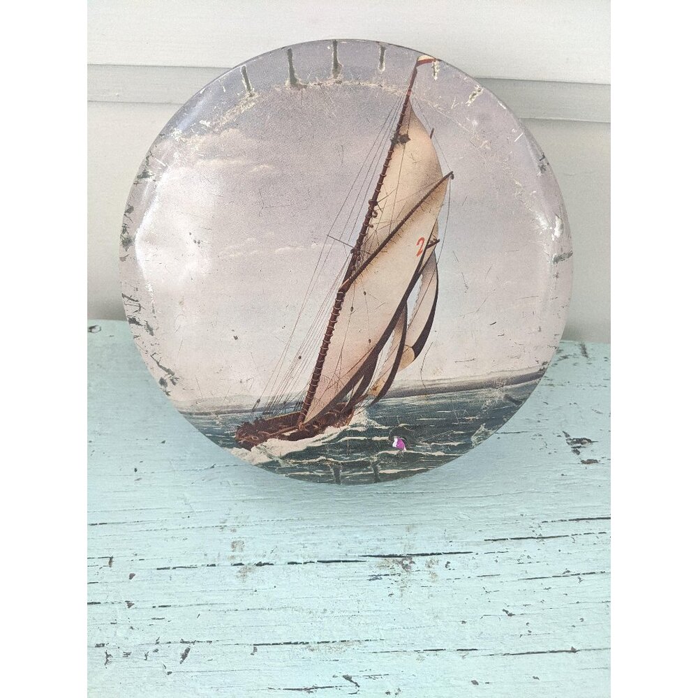 Vintage Sailboat Tin: Round Cookie Storage Container
